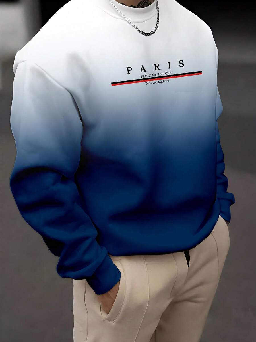 Manfinity Homme 男士渐变字母印花圆领长袖休闲套头卫衣，秋冬男士套头衫，男士蓝色卫衣 - 霧霾藍 - 查看 1