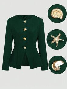 SHEIN Sweetro Chaqueta casual de manga larga de unicolor y minimalista con decoración de hebilla de metal para tallas grandes - Verde Oscuro - Ver 3