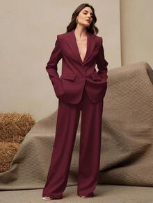 Anewsta 2 件套女士西装套装，复古风格西装外套 + 直筒裤，美拉德色 - 酒紅色 - 查看 1