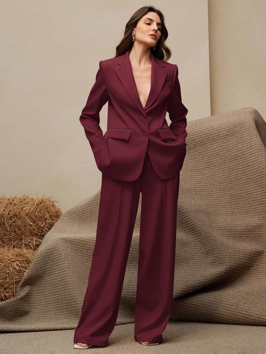 Anewsta 2 件套女士西装套装，复古风格西装外套 + 直筒裤，美拉德色 - 酒紅色 - 查看 1