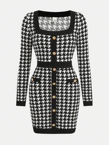 SHEIN Girlism Váy dài tay cổ tròn họa tiết răng sói đen trắng thanh lịch, thời trang cổ điển, thích hợp mặc khi đi làm, đi chơi Giáng sinh, Lễ tạ ơn, có khóa kim loại trang trí, có thể mặc trong nhà và ngoài trời - Đen và trắng - Xem 6