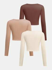 SHEIN Girlism 3件套青少年女孩休闲简约圆领长袖修身短款T恤 - 彩色 - 查看 2