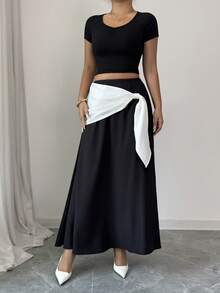 Elenzga Women's Elegant Black & White Color Block Tie-Waist Skirt, Suitable For Autumn/Winter, Thanksgiving, Elegant Parties, Christmas, New Year - Black - View 4