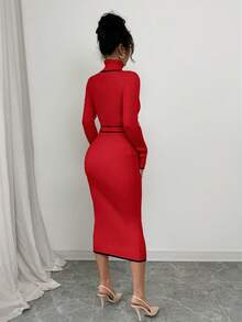 Elenzga Women's Elegant High Neck Fitted Ribbed Texture Bowknot Knit Sweater Dress - Red - View 2