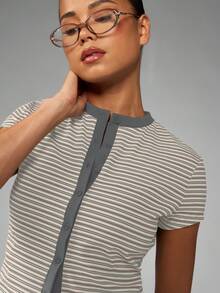 MISSGUIDED 女式纽扣前短袖罗纹上衣休闲条纹开衫T恤 - 奶油色 - 查看 4