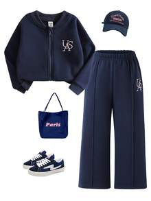 SHEIN Genkimix Kids 2 件套年轻女孩时尚修身夹克和高腰阔腿裤套装，春秋 - 藏蓝色 - 查看 7