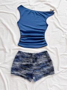 Soleia 新款休闲度假西部海滩婚礼宾客服装，毕业早午餐，圣帕特里克节，春假，复活节，音乐节，优雅波西米亚热带毛绒纹理棕色针织不对称领口花卉镂空后背 2 件套女士 - 藍色 - 查看 2