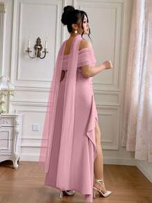 Roveilla 大码女士优雅露肩开衩修身浪漫露背派对连衣裙，适合圣诞派对、正式场合。大码优雅连衣裙，大码伴娘礼服，曲线连衣裙，露肩大码连衣裙，曲线优雅连衣裙 - 淺粉色 - 查看 2