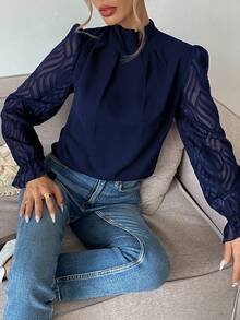 SHEIN Frenchy Blusa de mujer con cuello de volantes de malla de contraste para uso diario en otoño - Azul Marino - Ver 5