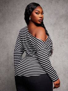 SHEIN SXY Plus Size Women's Black & White Striped Asymmetrical Shoulder Oblique Collar Fitted Waist Asymmetric Hem Long Sleeve T-Shirt, Autumn/Winter - Black and White - View 2