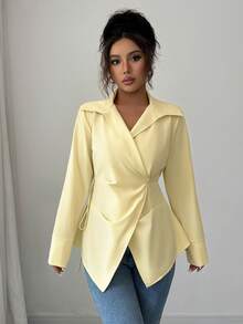 Elenzga Plus Size Women's Buttoned Shirt With Waist Cinching A-Line Silhouette, Metal Decor, Business Casual - Yellow - View 5
