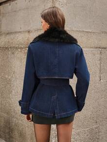 Selenza Women's Fur Collar Long Sleeve Waist Buckle Design Fashion Denim Jacket - Blue - View 2