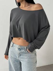 Lunelith SHEIN Lunessa Women's Solid Color Asymmetrical Collar Long Sleeve Cropped Casual T-Shirt, For Autumn Fall Cloth For Women