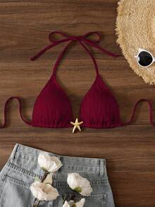 Swim Mod 女士纯色露背系带沙滩泳装上衣，夏季度假 - 酒紅色 - 查看 3