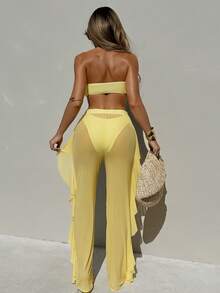 Vaytide 3pcs/Set New Yellow Halter Backless Top,Triangle Bottoms,Ruffle Trim Mesh Beach Pants, Casual Summer Holiday Vacation Bikini Swimwear Set Women - Yellow - View 3