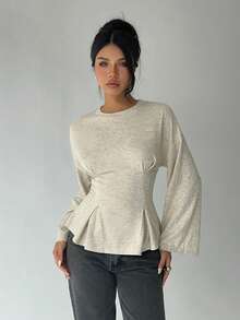 Aloruh 女士休闲圆领褶皱腰T恤，适合日常通勤和家居穿着的纯色T恤，长袖雪纺针织T恤 - 杏色 - 查看 3