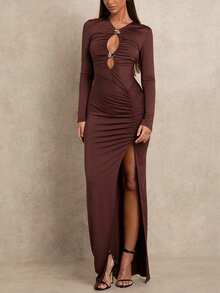 SHEIN Glamour Sexy gerafftes Maxikleid mit Schlitz und Hohlräumen für Frauen, Herbst - Braun - Übersicht 3