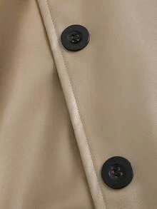 Sweetra 女式秋冬时尚人造毛皮和 PU 皮革拼接长款风衣（配腰带） - 卡其色 - 查看 5