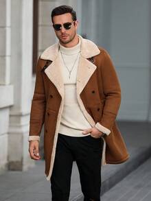 Manfinity Homme Áo khoác giữ nhiệt tay dài lót lông màu trơn cho nam, Thu Đông, Đi chơi thường ngày, Quà tặng cho bạn bè, chồng, bạn trai, Vải nhung kẻ - màu nâu - Xem 3
