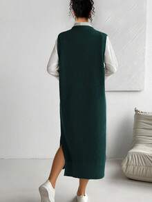 Elenzga 大码纯色简约圆领毛衣裙 - 墨綠色 - 查看 2