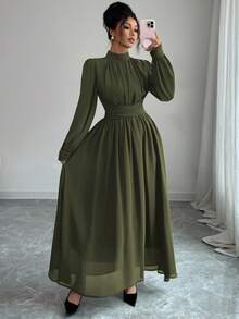 Elenzga 女士休闲、通勤、度假、下午茶、派对纯色棕色雪纺立领宽松交叉系带腰部 A 字形蝴蝶结衬里长袖长裙，春/秋/冬 - 軍綠色 - 查看 4