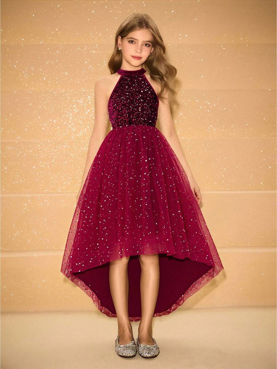Girls' Round Neck Sleeveless Sequin Contrast Mesh Elegant Short Front Long Back Party Dress, Suitable For Christmas, Halloween - Red - View 1