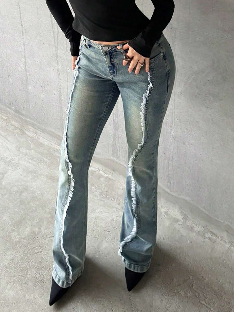 Jeanoix 女式休闲百搭日常拼接低腰喇叭牛仔裤 - 中等水洗藍 - 查看 1