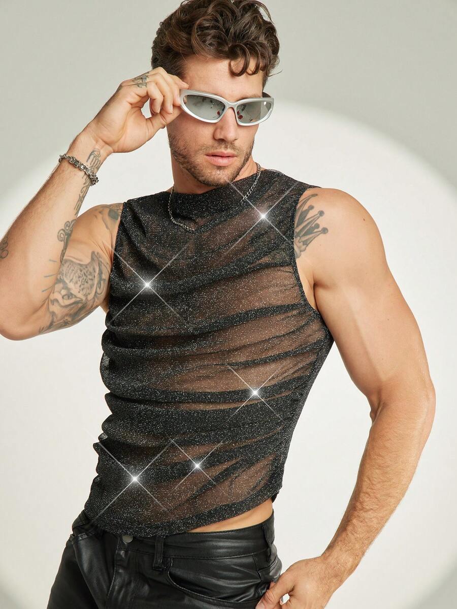 FeverCity 性感透明网眼派对俱乐部装男士背心 - 黑色 - 查看 1