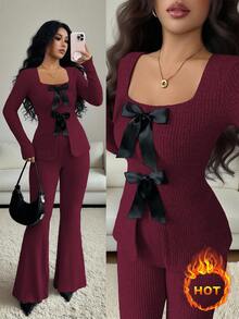 Elenzga Women's Elegant Fluffy Ribbed Knit Bowknot Collar Long Sleeve Blouse And Flare Pants 2 Pieces Set - Hot Pink - View 1