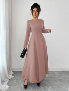 Elenzga Women's Elegant Coffee Brown Round Neck Front Zipper High-End Design Waist Fitted Flared Long Sleeve Midi Dress, Suitable For Commuting In Autumn - Dusty Pink - View 3