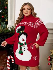 Enliva Vestido de punto con cuello alto y estampado de muñeco de nieve para mujer de talla grande, ideal para la temporada navideña/invierno, para silueta redondeada tipo manzana - Rojo - Ver 7