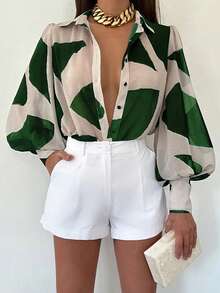EMERY ROSE Plus Size Women Geometric Print Lantern Sleeve Single-Breasted Elegant Blouse - Green - View 1