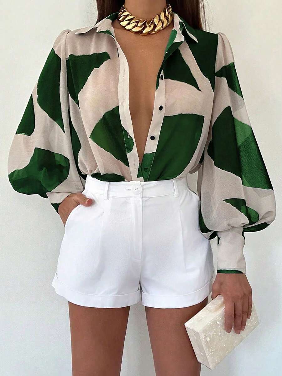 EMERY ROSE Plus Size Women Geometric Print Lantern Sleeve Single-Breasted Elegant Blouse - Green - View 1