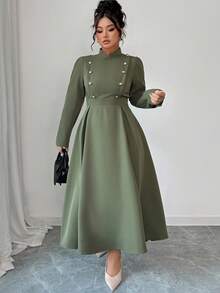 Elenzga 大码女士编织的优雅时尚秋季连衣裙 - 軍綠色 - 查看 7