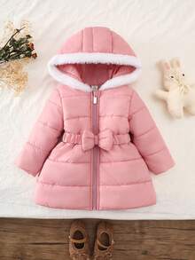 SHEIN Playful Pals 女婴秋冬外套休闲风格保暖棉服夹克和腰带 - 粉色 - 查看 3