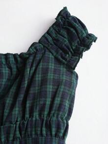 Sweetra 女式露肩格子前扣休闲束腰迷你连衣裙 - 藏蓝色 - 查看 4