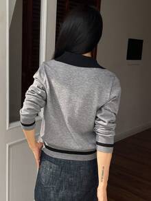 DAZY Women's Contrast Color Pullover Sweater, Elegant Long Sleeve Knit Top - Grey - View 2