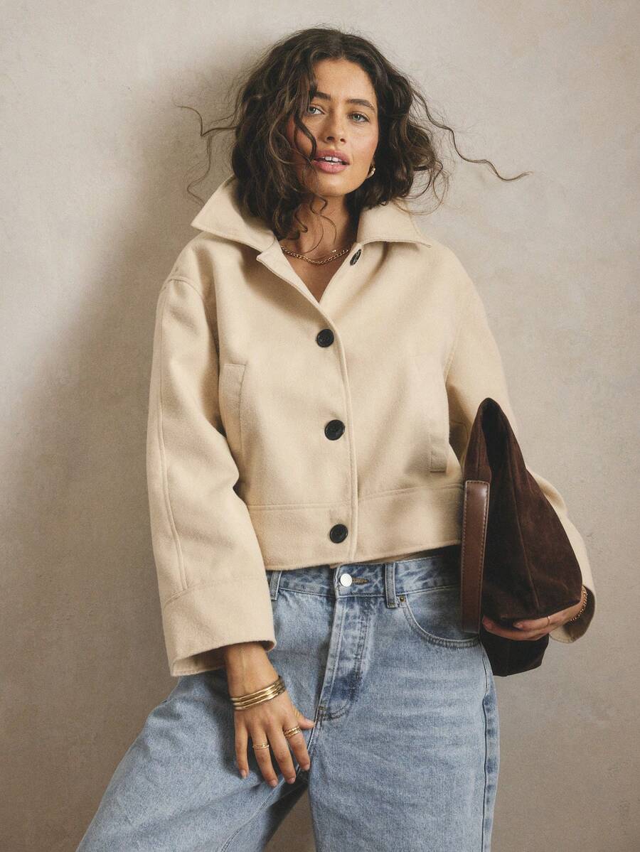 Aralina 秋冬季撞色纽扣宽松翻领毛毡夹克，宽袖带口袋，时尚优雅，保暖百搭，适合外出穿着。 - 卡其色 - 查看 1