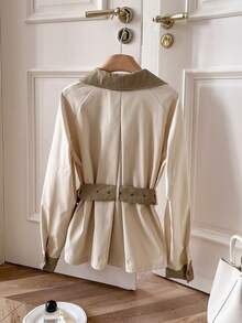 SHEIN Frenchy Damen Farbblock Kragen Raglanärmel Lässig Modisch Vielseitig Trenchcoat, Herbst/Winter Kontrast-Farbe Khaki Braun Trenchcoat, Essenzieller Alltags-Styling Klassisch Vintage-inspirierte Oberbekleidung, Wintermantel, Thanksgiving - Aprikosenfarben - Übersicht 2