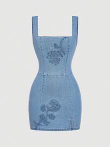 SHEIN MOD Women's Denim Dress With 3D Floral Decor - Blue - View 3