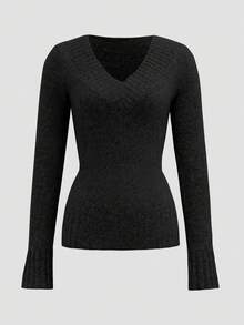 Attitoon 女式休闲复古V领修身长袖毛衣，适合秋冬季 - 黑色 - 查看 2