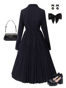 少女时尚甜美不对称领腰部收腰褶皱纯色连衣裙，略显正式 - 黑色 - 查看 2