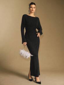 Poéselle Women's Elegant Rhinestone Batwing Sleeve Split Hem Fitted Dress, Spring/Autumn Luxury Dress For Women Black Sparkle Dress Elegant Midi Dress Long Sleeve Elegant Dress Black Glitter Dress - Black - View 5