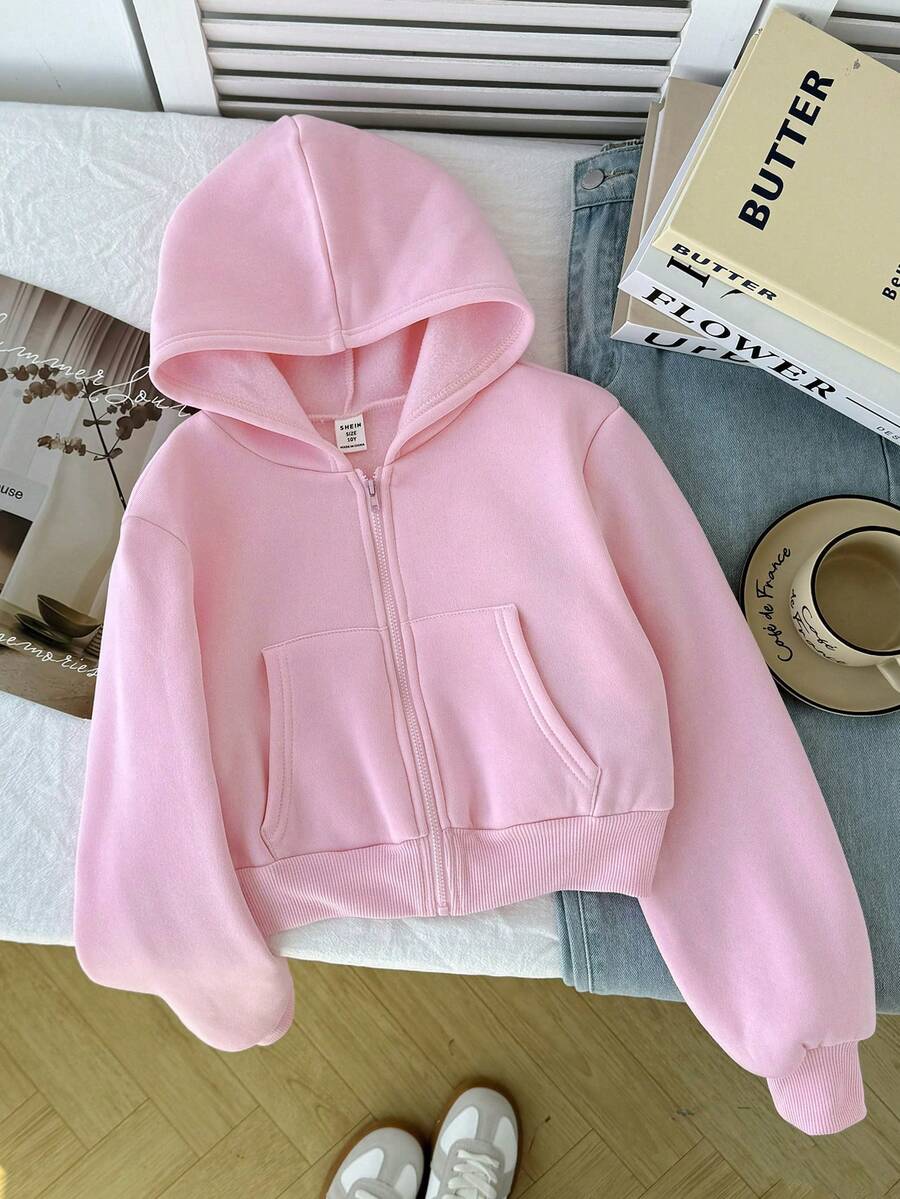 SHEIN Sudadera corta con cremallera para niña preadolescente, estilo callejero casual minimalista y cómodo para uso diario, prenda de abrigo de otoño, vuelta al cole - Rosado Sandía - Ver 1