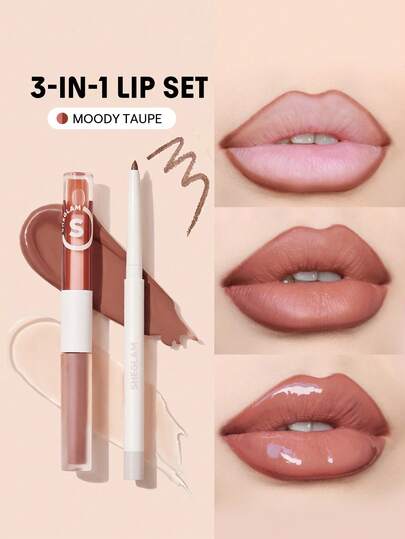 SHEGLAM Weiches 90er Jahre Glam Lipliner und Lippenstift Set - Stimmungsvolle Taupe Lippenstift Set 3-in-1 Lippenmakeup Plumping Lipgloss mit feuchtigkeitsspendenden Pflanzenextrakten, langanhaltender flüssiger Lippenstift in Braun. Marken Beauty Makeup Gesichtsfarbe Kosmetik für Frauen und Mädchen, perfekt für Herbst und Winter, ideal für Y2K Mode, geeignet als Geburtstagsgeschenk, Weihnachtsgeschenk, Partyoutfit.
