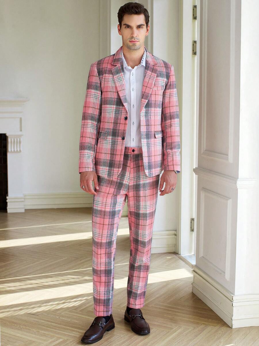 Calvornis Men's Plaid Lapel Collar Blazer And Pants Business Formal Set, Autumn Winter Brunch Wear - Pink - View 1