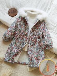 Vintaside Kids 女童冬季花卉印花连帽拉链长袖宽松中长夹克，配有可爱帽子和毛茸茸的衣领，适合外出、休闲装、运动和节日派对 - 彩色 - 查看 1