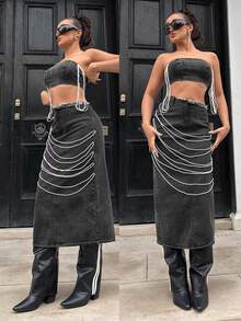 SHEIN Unity Women's Fashionable Street Style Pearl Decor Fringe Hem Denim Mini Skirt - Black - View 2