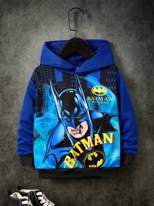 BATMAN X SHEIN 男童动漫英雄人物及字母图案宽松落肩卫衣，秋冬款 - 藍色 - 查看 1