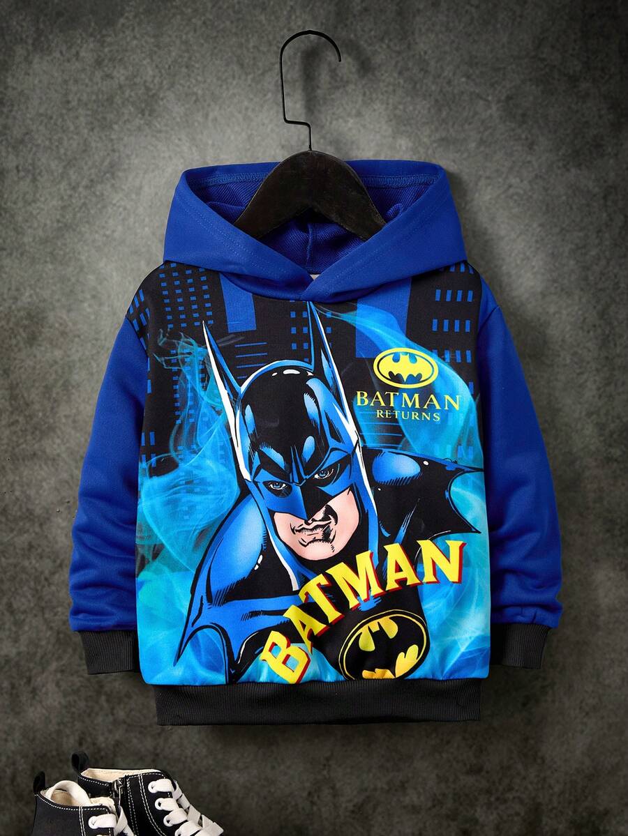 BATMAN X SHEIN 男童动漫英雄人物及字母图案宽松落肩卫衣，秋冬款 - 藍色 - 查看 1